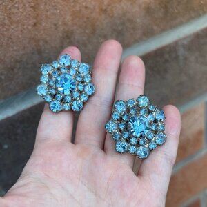 Vintage GARNE Signed Blue Crystal Cluster Clip On Earrings